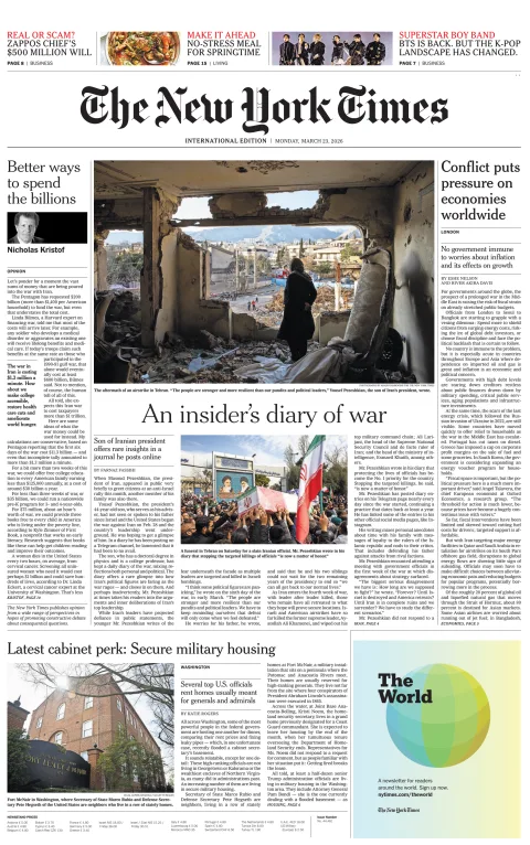 Portada de The New York Times (international) del lunes, 23 de marzo de 2026