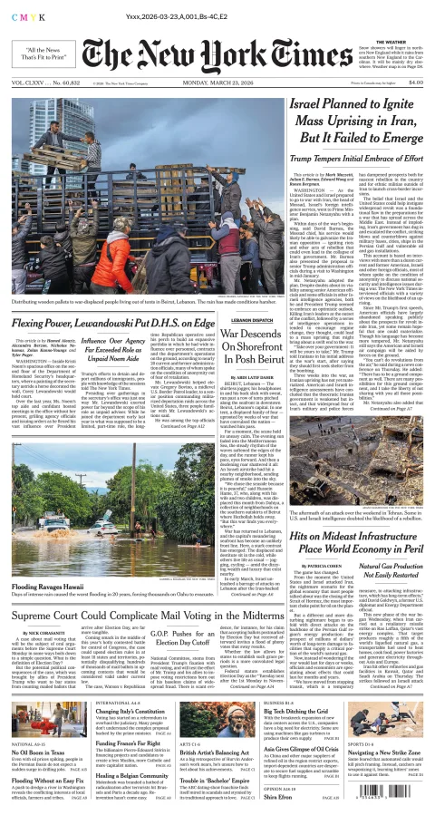 Portada de The New York Times (national) del lunes, 23 de marzo de 2026