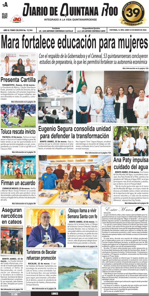 Portada de Diario de Quintana Roo (portada) del lunes, 23 de marzo de 2026