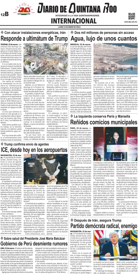 Portada de Diario de Quintana Roo (contra Portada) del lunes, 23 de marzo de 2026