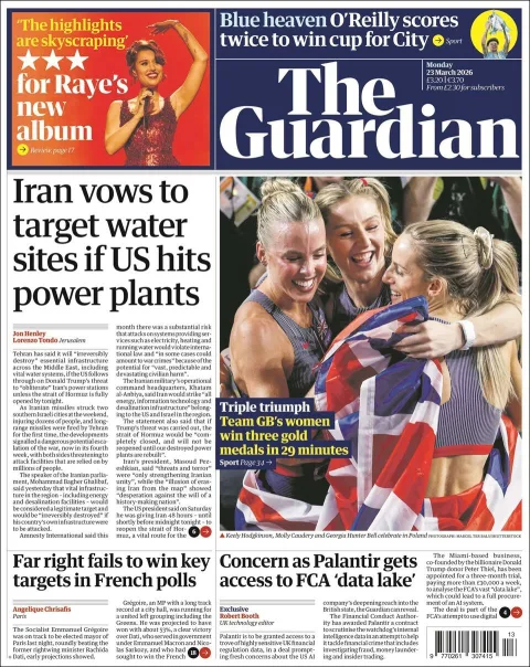 Portada de The Guardian (reino Unido) del lunes, 23 de marzo de 2026