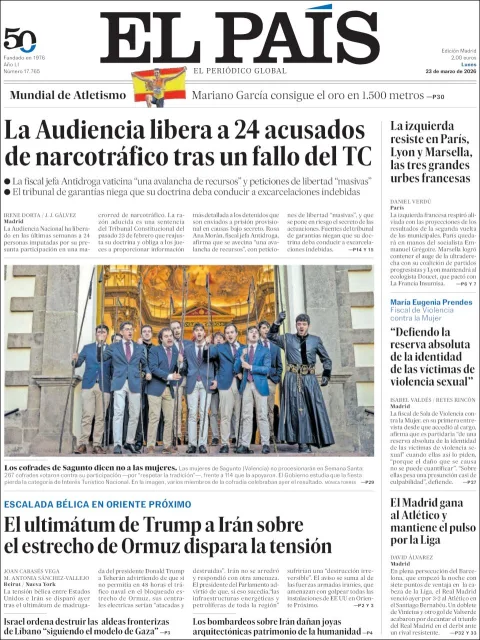 Portada de El Pais del lunes, 23 de marzo de 2026