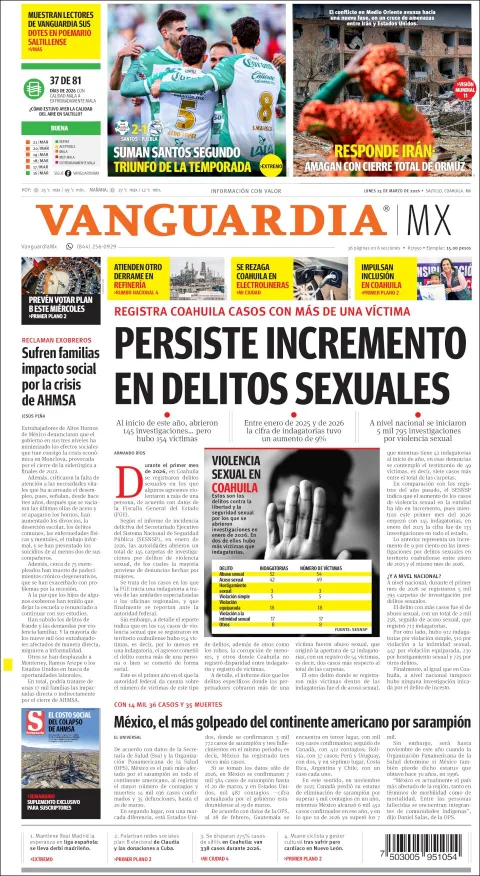 Portada de Vanguardia del lunes, 23 de marzo de 2026