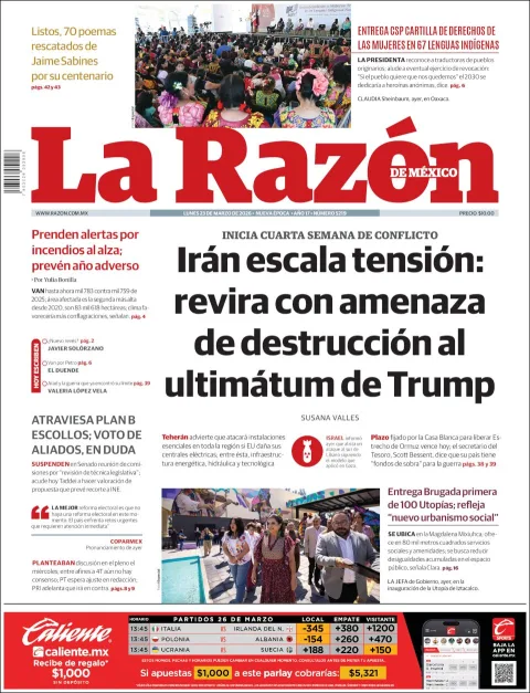 Portada de La Razon del lunes, 23 de marzo de 2026
