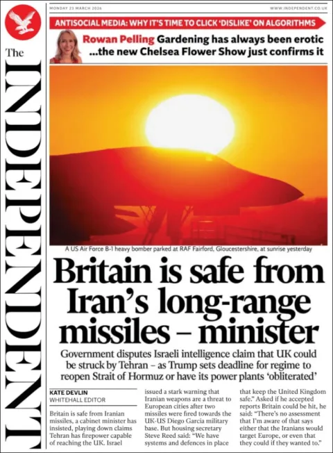 Portada de The Independent del lunes, 23 de marzo de 2026