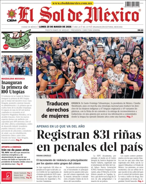 Portada de El Sol de Mexico del lunes, 23 de marzo de 2026