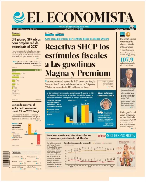 Portada de El Economista del lunes, 23 de marzo de 2026