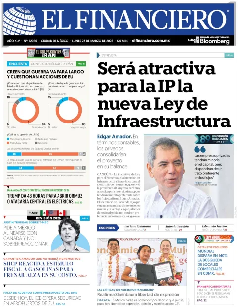Portada de El Financiero del lunes, 23 de marzo de 2026