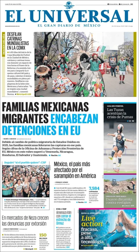 Portada de El Universal del lunes, 23 de marzo de 2026