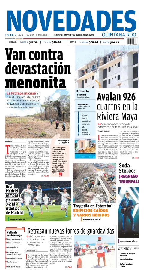 Portada de Novedades Quintana Roo del lunes, 23 de marzo de 2026