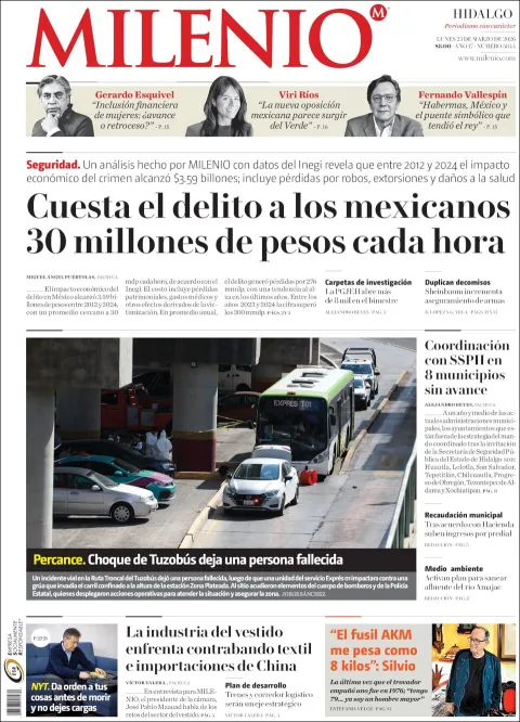 Portada de Milenio Hidalgo del lunes, 23 de marzo de 2026