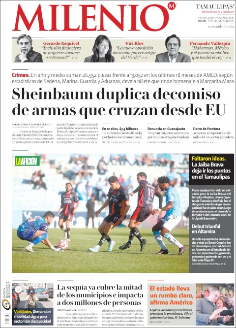 Portada de Milenio Tamaulipas del lunes, 23 de marzo de 2026