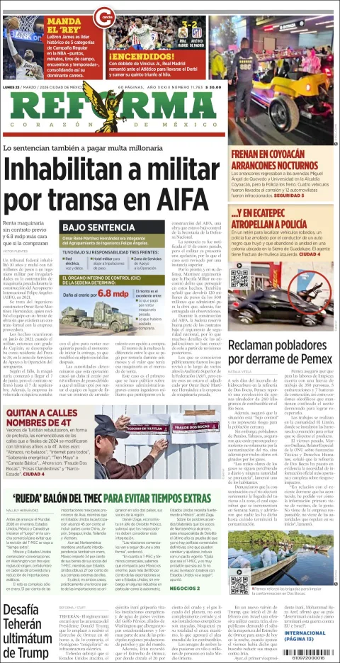 Portada de Reforma del lunes, 23 de marzo de 2026