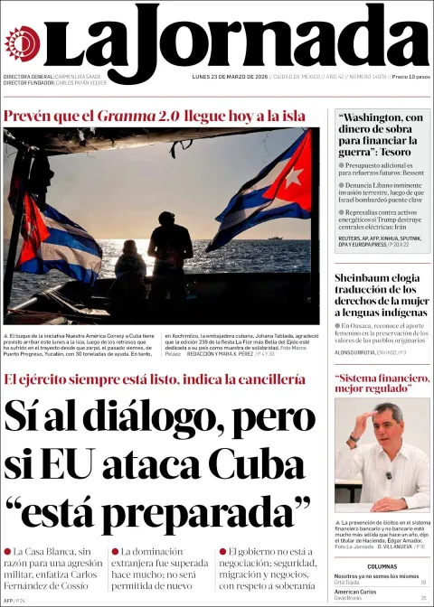 Portada de La Jornada del lunes, 23 de marzo de 2026