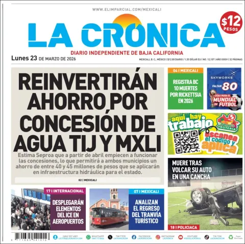 Portada de La Cronica del lunes, 23 de marzo de 2026