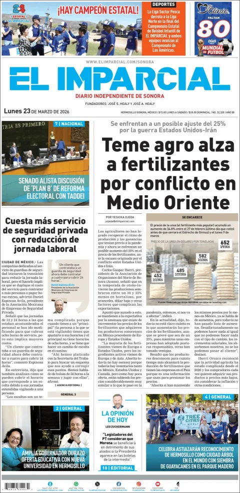Portada de El Imparcial del lunes, 23 de marzo de 2026