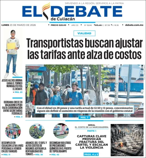 Portada de El Debate de Culiacan del lunes, 23 de marzo de 2026