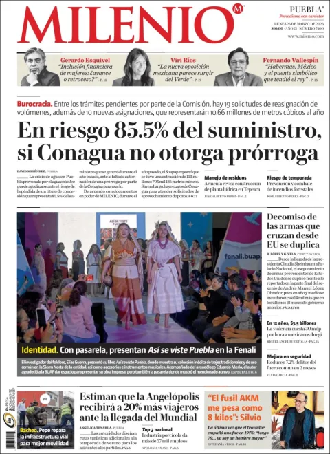 Portada de Milenio Puebla del lunes, 23 de marzo de 2026