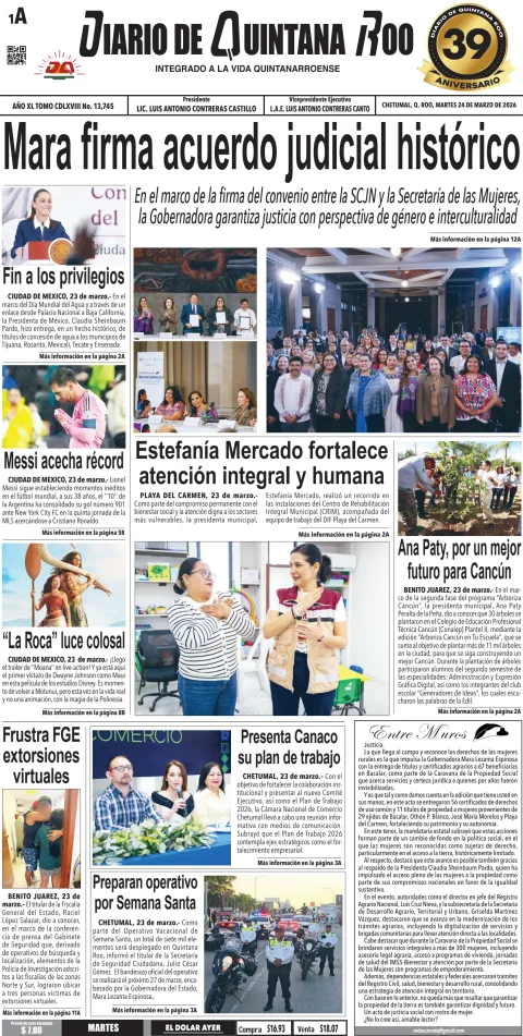 Portada de Diario de Quintana Roo (portada) del martes, 24 de marzo de 2026