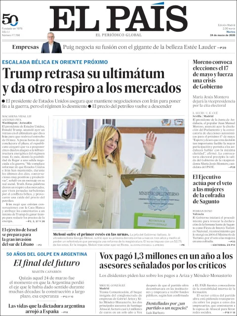 Portada de El Pais del martes, 24 de marzo de 2026