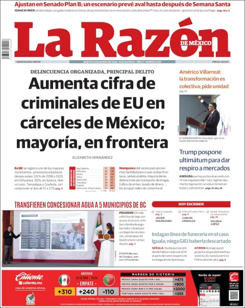 Portada de La Razon del martes, 24 de marzo de 2026