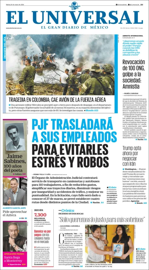 Portada de El Universal del martes, 24 de marzo de 2026