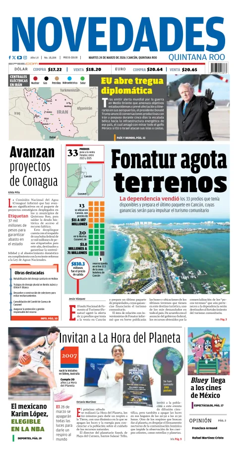 Portada de Novedades Quintana Roo del martes, 24 de marzo de 2026