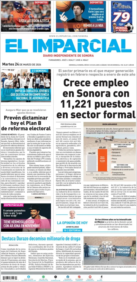 Portada de El Imparcial del martes, 24 de marzo de 2026