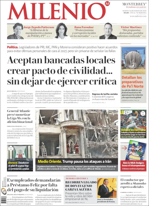 Portada de Milenio del martes, 24 de marzo de 2026