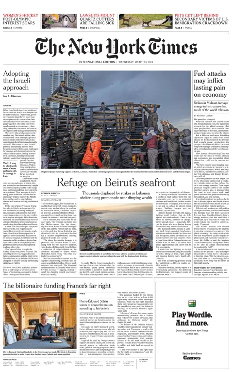 Portada de The New York Times (international) del miércoles, 25 de marzo de 2026