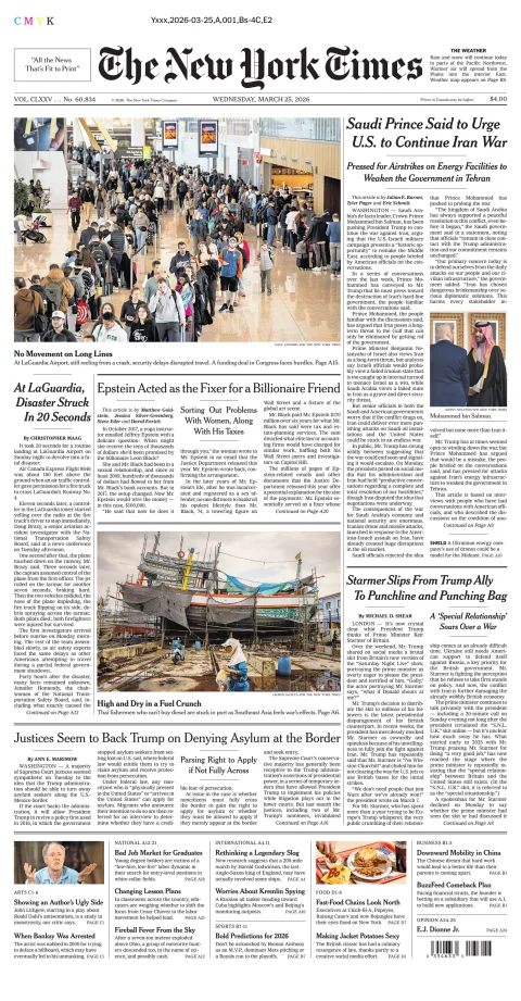 Portada de The New York Times (national) del miércoles, 25 de marzo de 2026