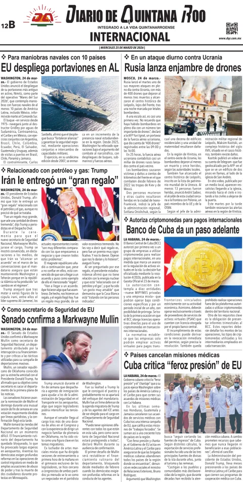Portada de Diario de Quintana Roo (contra Portada) del miércoles, 25 de marzo de 2026