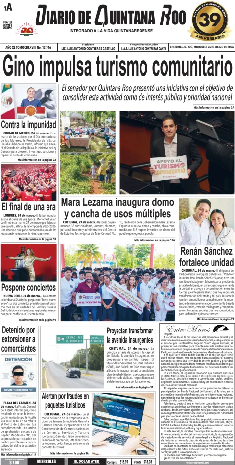 Portada de Diario de Quintana Roo (portada) del miércoles, 25 de marzo de 2026