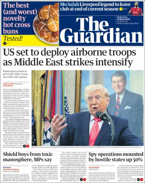Portada de The Guardian (reino Unido) del miércoles, 25 de marzo de 2026