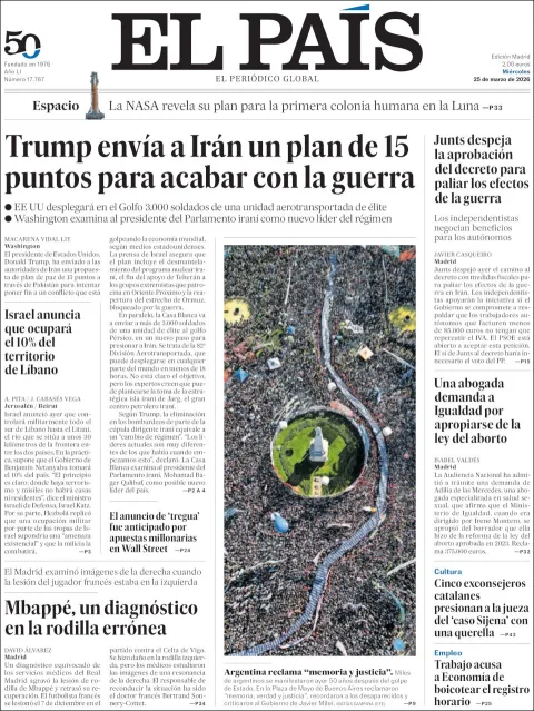 Portada de El Pais del miércoles, 25 de marzo de 2026