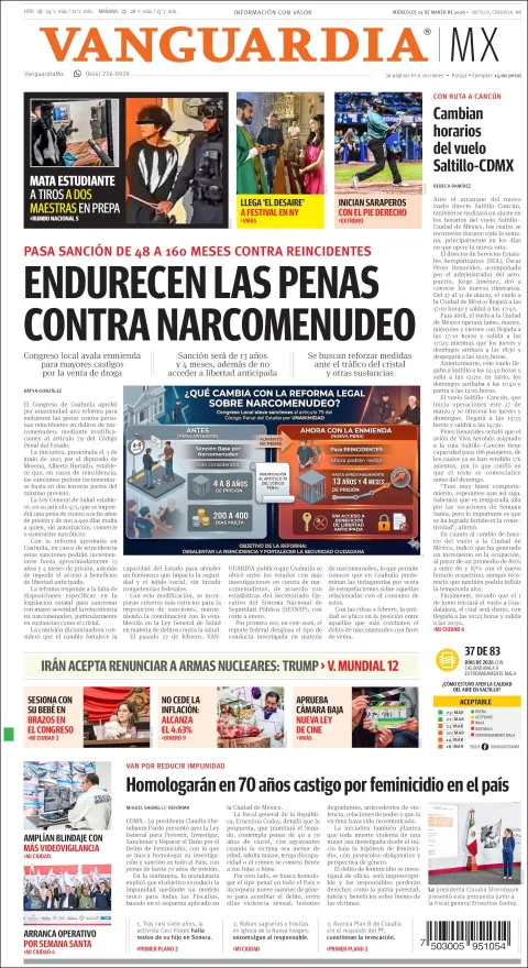 Portada de Vanguardia del miércoles, 25 de marzo de 2026
