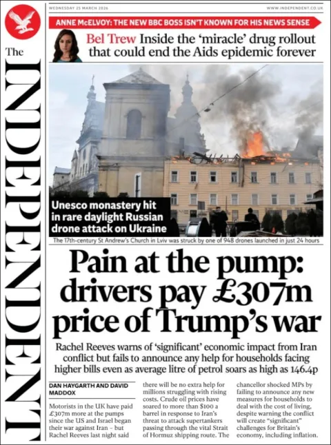 Portada de The Independent del miércoles, 25 de marzo de 2026