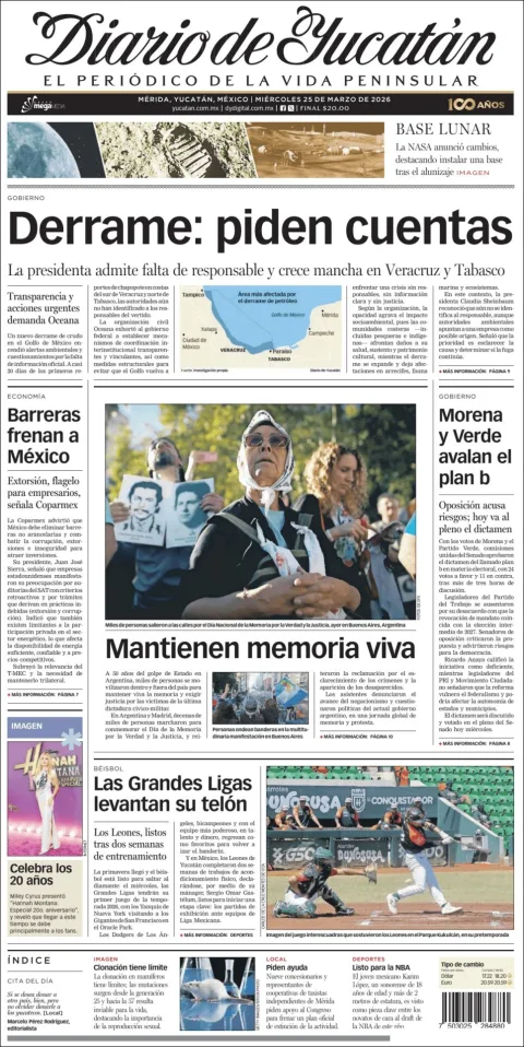 Portada de Diario de Yucatán del miércoles, 25 de marzo de 2026