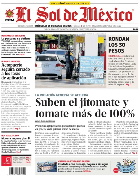 Portada de El Sol de Mexico del miércoles, 25 de marzo de 2026