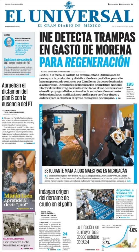 Portada de El Universal del miércoles, 25 de marzo de 2026
