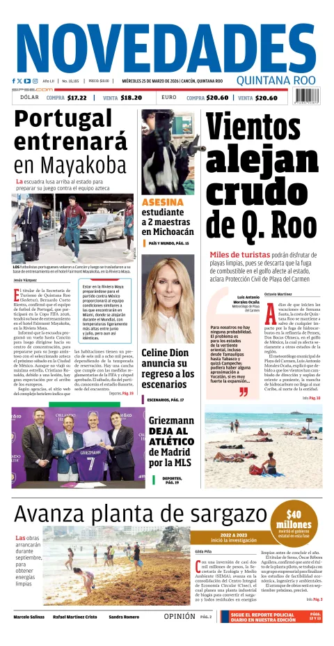 Portada de Novedades Quintana Roo del miércoles, 25 de marzo de 2026