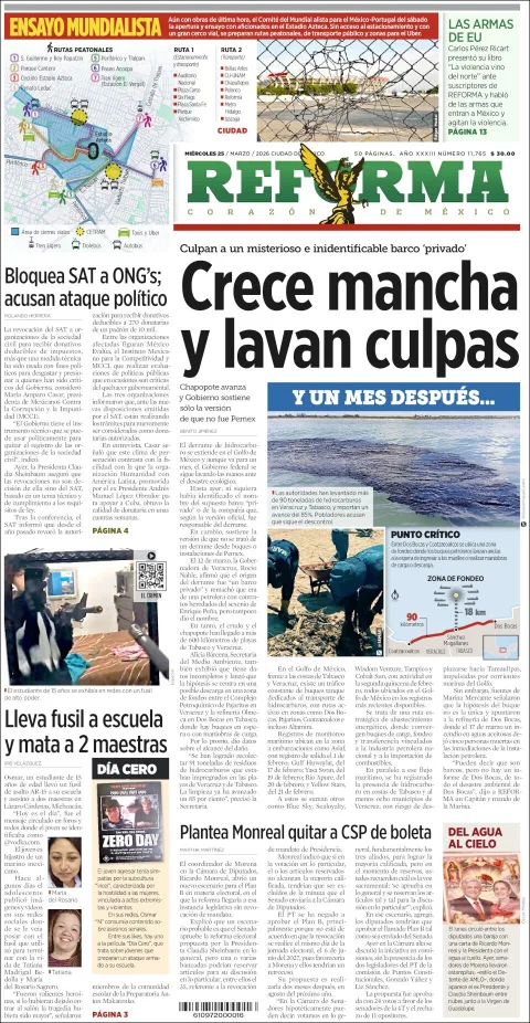 Portada de Reforma del miércoles, 25 de marzo de 2026