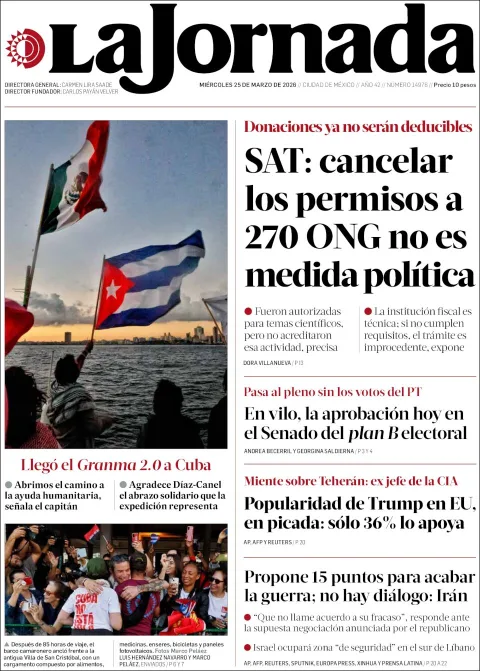 Portada de La Jornada del miércoles, 25 de marzo de 2026