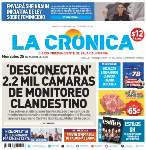 Portada de La Cronica del miércoles, 25 de marzo de 2026