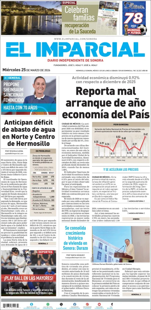 Portada de El Imparcial del miércoles, 25 de marzo de 2026