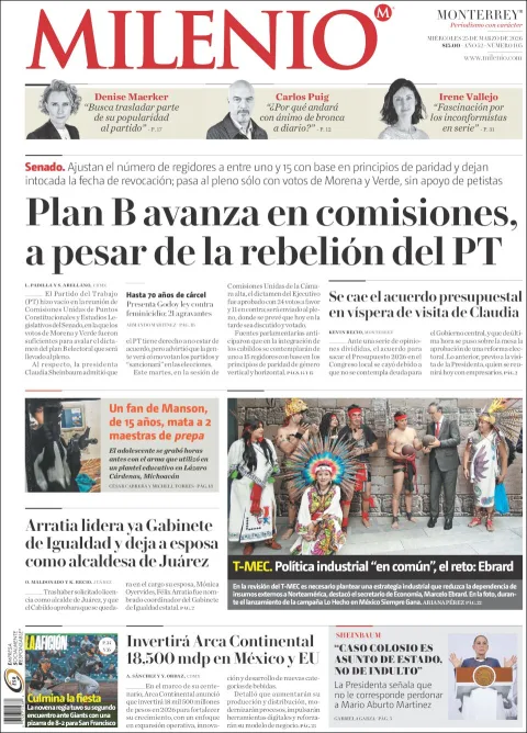 Portada de Milenio del miércoles, 25 de marzo de 2026
