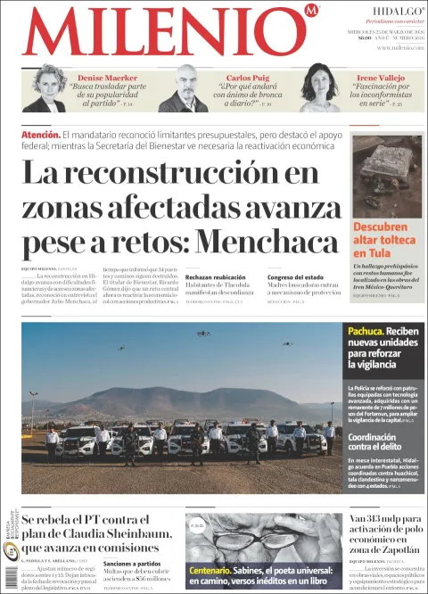 Portada de Milenio Hidalgo del miércoles, 25 de marzo de 2026