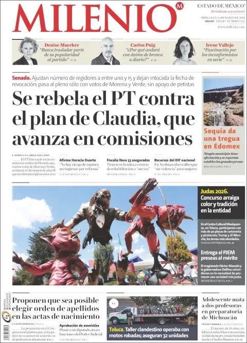 Portada de Milenio Edo de Mexico del miércoles, 25 de marzo de 2026