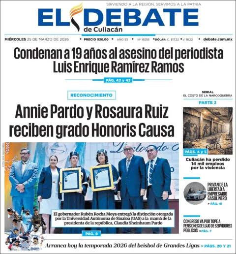 Portada de El Debate de Culiacan del miércoles, 25 de marzo de 2026