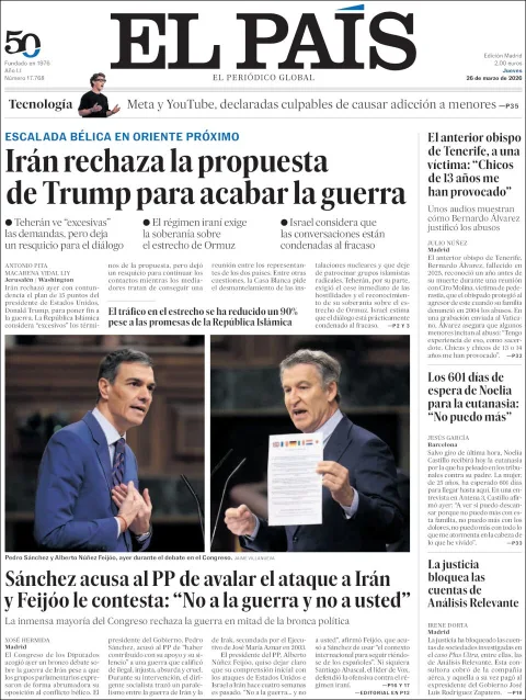Portada de El Pais del jueves, 26 de marzo de 2026